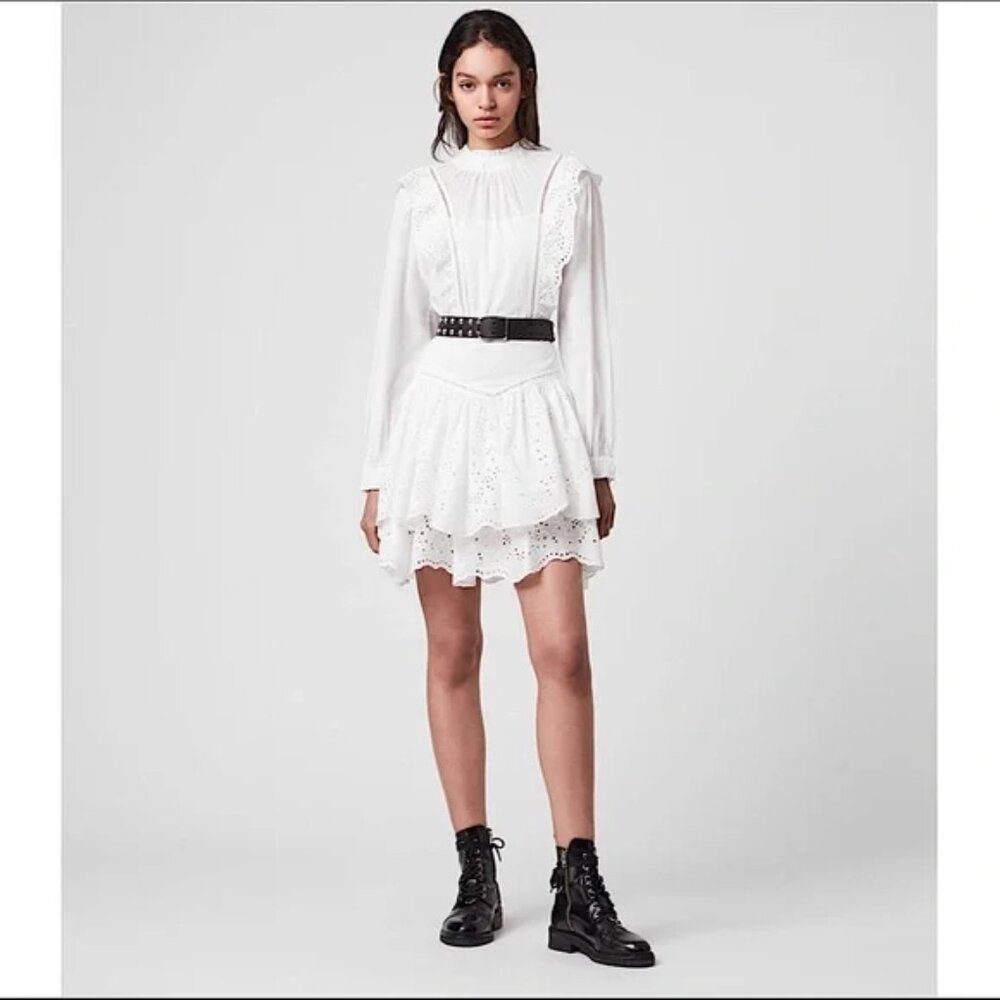 AllSaints Aislyn mini Dress Broiderie White eyelet Dainty Victorian cotton sz 8 - Picture 5 of 8